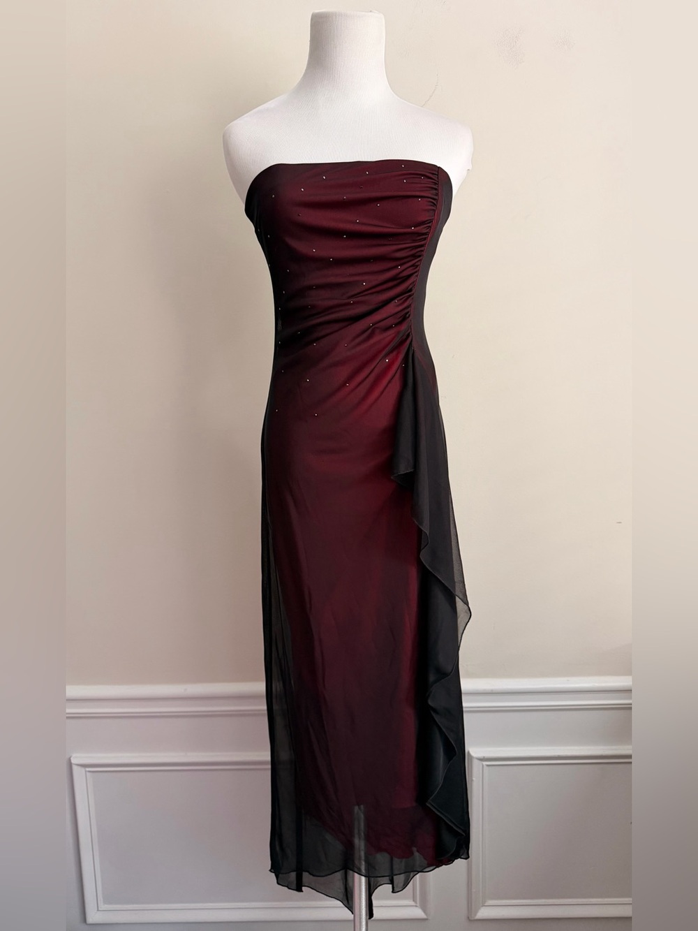 Rampage Strapless red Black rhinestone blinky  Evening Gown dress goth vamp Y2K